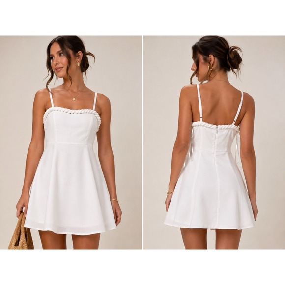 Lulu's Dresses & Skirts - Lulus White Braided Trim Mini Dress Women's Medium Linen Blend Coastal Boho